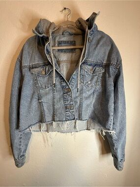 Aeropostale Light Blue crop Denim Jacket with Gray Hood